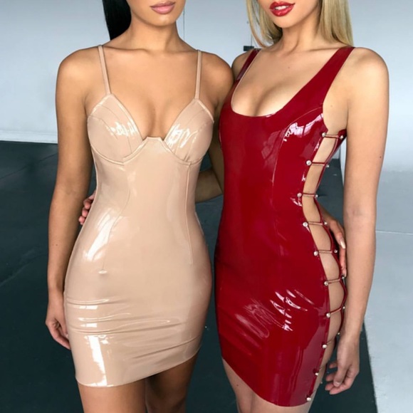 oh polly red vinyl dress
